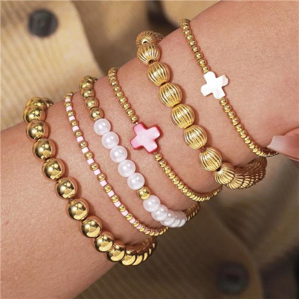 Gold Beaded Bracelet Stack for Women Trendy Non Tarnish Chunky Stretch - Picture 3 of 5